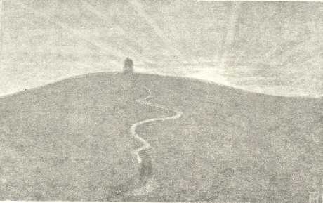 Sketch of person walking long path to building on hill