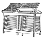 Fig. 33. Double Case Stand, showing the cases in rack
pushed back from front, to permit exposure of all boxes when a case is
pulled forward for setting type.