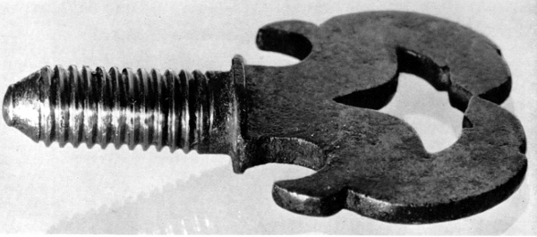Figure 8.&mdash;Binding screw seen at A in figure 3, showing
the long smooth fadeout of the thread below the shoulder. (Smithsonian
photo 49276.)
