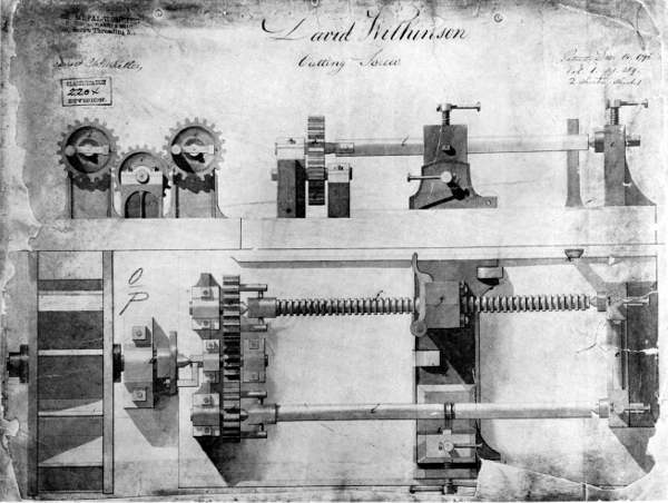 Figure 17.&mdash;David Wilkinson&rsquo;s screw-cutting lathe,
patented in the United States in 1798. Note the ready facility with
which the lead screw may be exchanged for another and the same means of
supporting and driving as in figure 15. (U.S. National Archives photo.)
