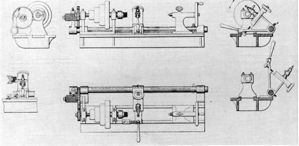 Figure 18.&mdash;Nason&rsquo;s lathe, patented in 1854, showing a
master lead screw driven at less than work speed so that the master
could be of a coarser and more durable pitch than the work. U.S. patent
10383.