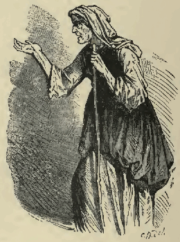 Peter's mother occasionally
appeared at his door, weak and old, leaning on a staff.