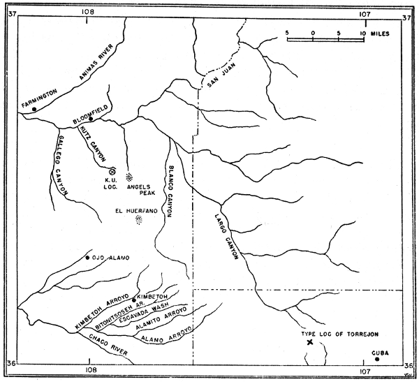 Figure 1. Map of a part of the San Juan Basin, New Mexico, showing
location of University of Kansas fossil locality west of Angels Peak.