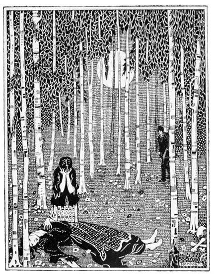 "At the edge of the wood lay a dead woman, with a little
living creature sobbing over her."
