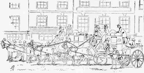 The West Country Mail Coaches about to leave Piccadilly
withGo Cart, Bringing up Late Mails
from the G.P.O.