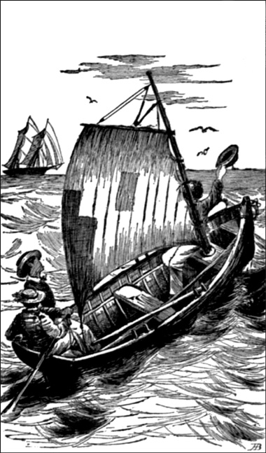 Harry pointed seaward, toward the brigantine,
moving through the water slowly.&mdash;(See page 9.)