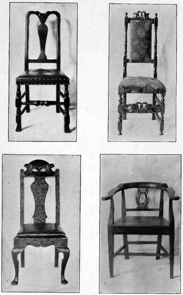Plate XXIV.&mdash;Queen Anne, Fiddle Back; Queen Anne, stuffed chair; Dutch Chair, carved; Empire Lyre-backed Roundabout on Chippendale lines, 1825.