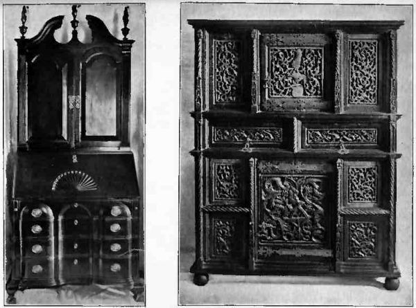 Plate XXXIV.&mdash;Block Front Bureau Desk, owned by Nathan C. Osgood, Esq. One of the best specimens in New England; oak paneled Chest, about 1675.