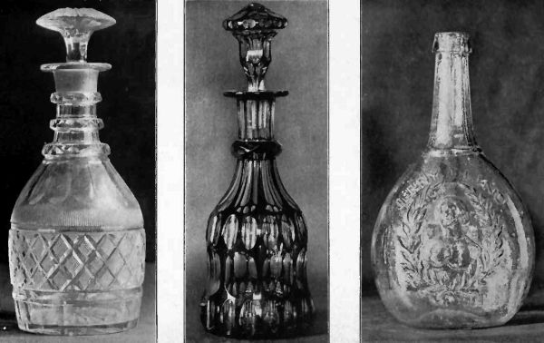 Plate LIX.&mdash;English Cut Class Decanter, about 1800; Typical Red Bohemian Glass Decanter; American Glass Bottle, Jenny Lind, about 1850.