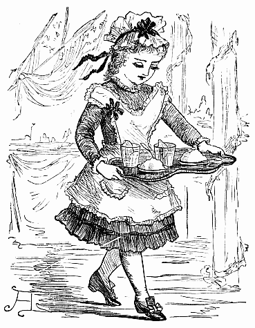 NANNY'S SUBSTITUTE.

Nanny at the Fair, taking orders and carrying trays.&mdash;Page 171.