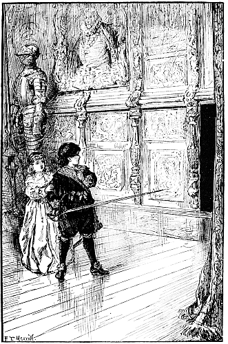 Close by the armor, half hidden by a curtain of heavy tapestry, was an open door.&mdash;Page 142.
