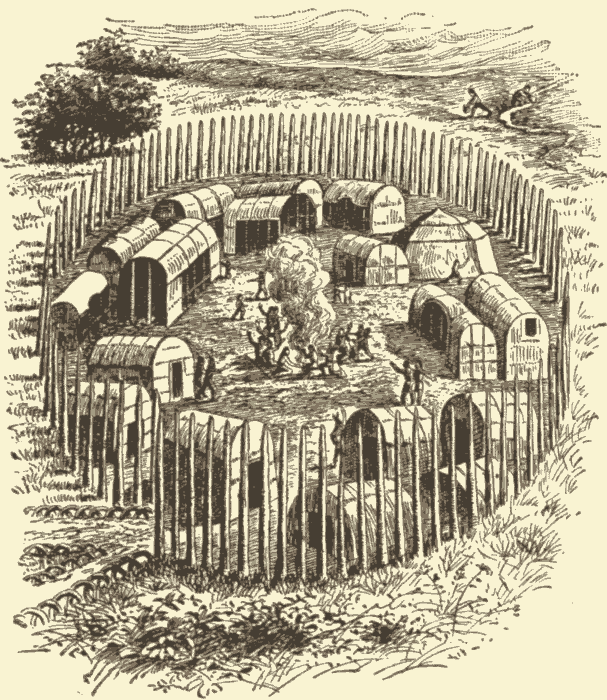 Algonkin Village of Pomeiock, on Albemarle Sound, in 1585. (After John Wyth: Copied in Morgan.) Illustration.