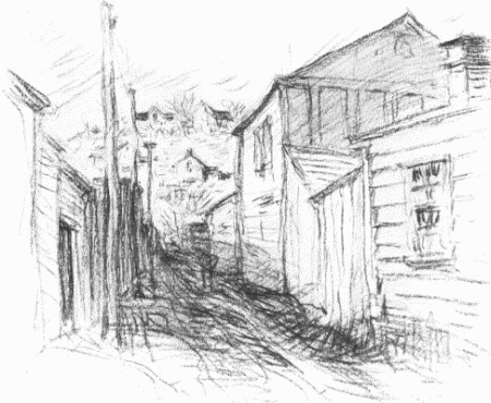 At one side is an alley running back to the house of Huckleberry Finn, and
in that alley stood the historic fence which young Sam Clemens cajoled the
other boys into whitewashing for him