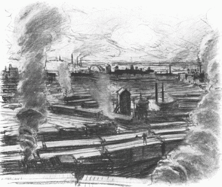Looking down from Kersey Coates Drive, one sees ... the appalling
web of railroad tracks, crammed with freight cars, which seen through a
softening haze of smoke, resemble a relief map&mdash;strange, vast, and pictorial