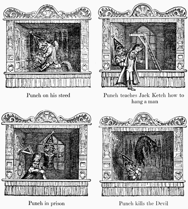 Punch on his steed

Punch teaches Jack Ketch how to
hang a man

Punch in prison

Punch kills the Devil