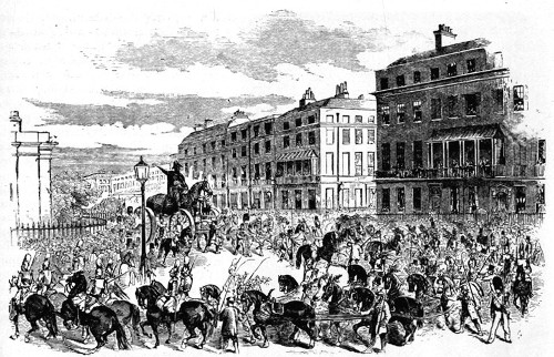 From the "Illustrated London News." THE GRAND PROCESSION
OF THE STATUE&mdash;TURNING FROM PARK LANE.