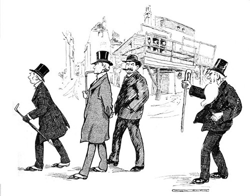 "HIS THREE PATRONS, WITH A HOPELESS ATTEMPT TO APPEAR
UNCONCERNED, WERE COMING DOWN THE ROAD."