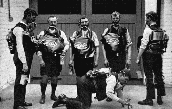 By permission of The Mining Engineering Co., Sheffield
A Miners' Rescue Team
These men are equipped with breathing apparatus which enables them to pass safely through the deadly fumes after an
explosion, to rescue their unfortunate comrades
