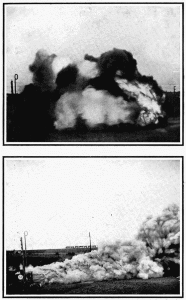 By permission of W. E. Garforth, Esq., Pontefract
An Artificial Coal Mine
These two photographs show the clouds of flame and smoke issuing from the mouth
of the "Artificial Coal Mine" during the experiments described in the text