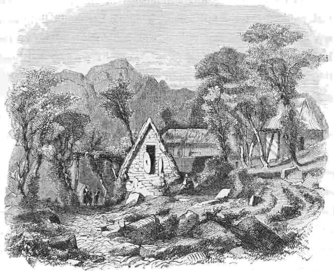 Rural farmers'
thatched-roof stonework homes among the fields.
