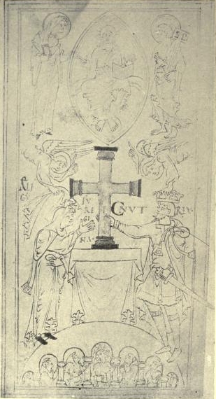 Canute and Emma&mdash;(The King and Queen are presenting a
golden cross to Winchester Abbey, New Minster.) From a miniature
reproduced in Liber Vit� (Birch).