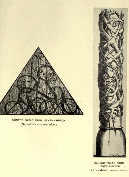 Painted gable from Urnes Church (Norse-Irish
ornamentation)&mdash;Carved pillar from Urnes Church (Norse-Irish ornamentation)