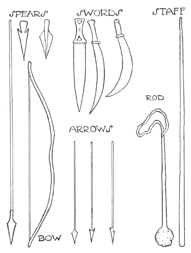 Fig. 13.&mdash;SPEARS, SWORDS, STAFF,
ROD, ARROWS, BOW