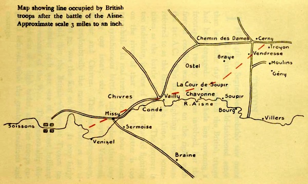 >Map showing line occupied by British troops after the
battle of the Aisne