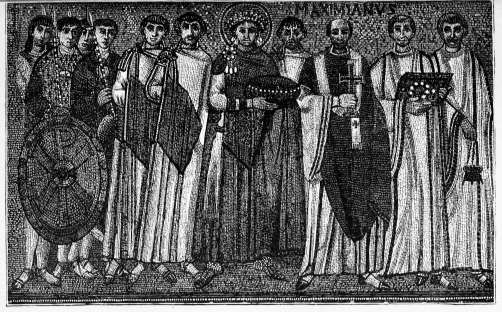 L'empereur Justinien et sa cour: Mosa�que de San Vitale,
� Ravenne.