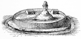 �Ch�teau du Xe si�cle, sur sa motte, avec enceinte en
palissades de bois.� D'apr�s l'Ab�c�daire d'arch�ologie de H. de
Caumont, Architecture militaire, p. 393.