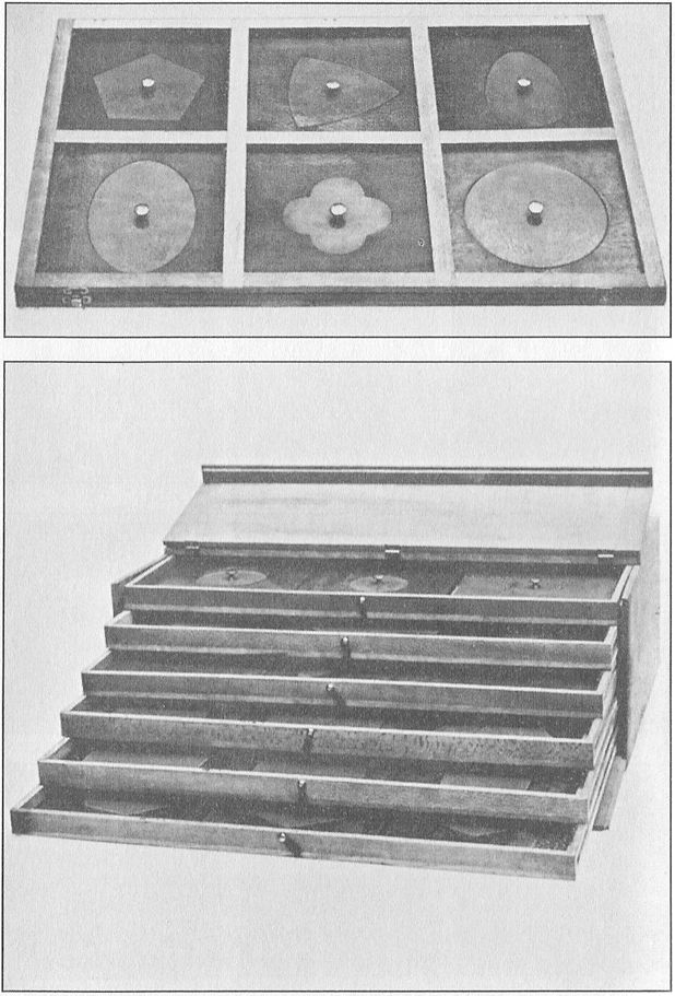 (A) GEOMETRIC INSETS OF WOOD, AND FRAME. The frame furnishes the control
necessary for exactness of work.  (B) CABINET. (For storing geometric inset frames.)