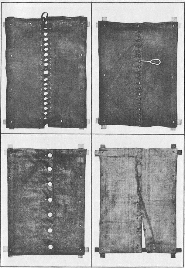 (A) LACING. (B) SHOE BUTTONING. (C) BUTTONING OF OTHER GARMENTS.
(D) HOOKS AND EYES.  Frames illustrating the different processes of dressing and
undressing.