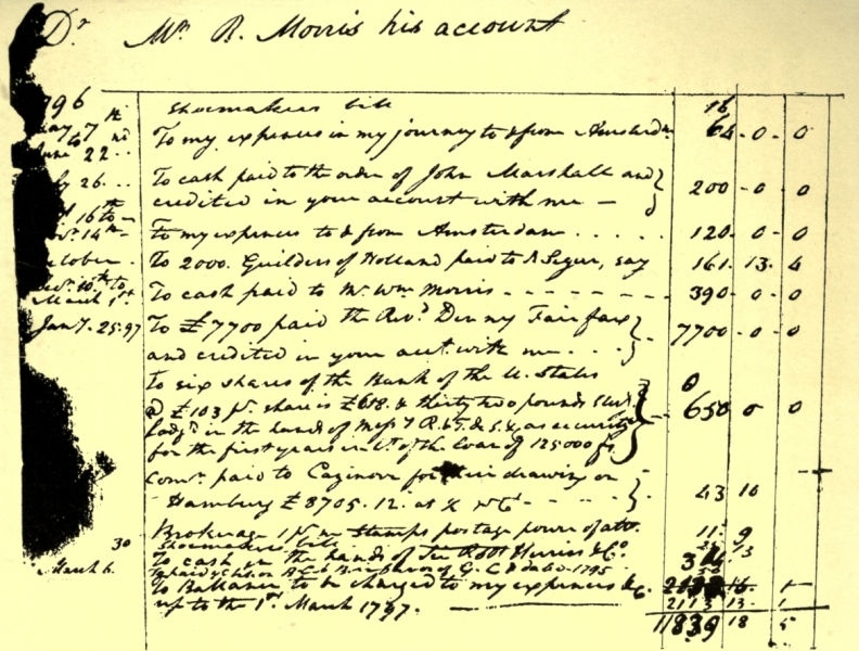 PAGE OF JAMES MARSHALL'S ACCOUNT WITH ROBERT MORRIS
SHOWING PAYMENT OF &pound;7700 TO FAIRFAX