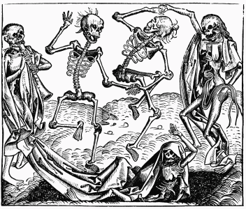 FIG. 11.&mdash;The Dancing Deaths. From Schedel’s “Liber
Chronicarum.” Nuremberg, 1493.