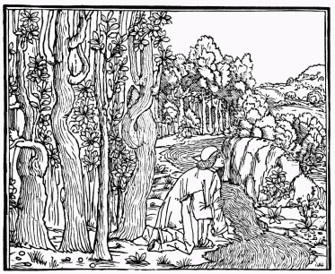 FIG. 27.&mdash;Poliphilo by the Stream. From the
“Hypnerotomachia Poliphili.” Venice, 1499.