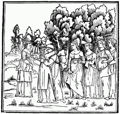 FIG. 30.&mdash;Poliphilo meets Polia. From the
“Hypnerotomachia Poliphili.” Venice, 1499.