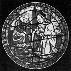 BARGA — CHIESA DI SANT'ELISABETTA.
LA MADONNA E S. GIUSEPPE CHE ADORANO GESÙ.
(VETRO DIPINTO).