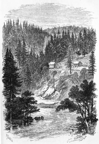 VIEW ON THE AMERICAN RIVER&mdash;THE PLACE WHERE GOLD WAS
FIRST FOUND.&mdash;P. 180.