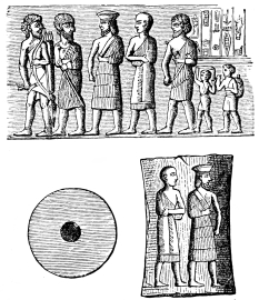 Fig. 63.&mdash;Babylonian Seal in the British Museum, and its
Impression.