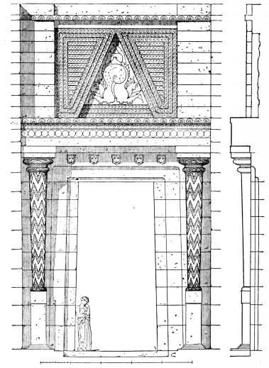 Fig. 122.&mdash;Restoration of the Tholos of Atreus. Portal.
(Clarke.)
