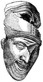 Fig. 198.&mdash;Head from a Metope of the Middle Temple upon
the Eastern Plateau of Selinous.