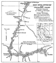 Fig. 8&mdash;Sketch map showing the route of the Yale-Peruvian
Expedition of 1911 down the Urubamba Valley, together with the area of
the main map and the changes in the delineation of the bend of the
Urubamba resulting from the surveys of the Expedition. Based on the
“Mapa que comprende las ultimas exploraciones y estudios verificados
desde 1900 hasta 1906,” 1:1,000,000, Bol. Soc. Geogr. Lima, Vol. 25, No.
3, 1909. For details of the trail from Rosalina to Pongo de Mainique see
“Plano de las Secciones y Afluentes del Rio Urubamba: 1902-1904,” scale
1:150,000 by Luis M. Robledo in Bol. Soc. Geogr. Lima, Vol. 25, No. 4,
1909. Only the lower slopes of the long mountain spurs can be seen from
the river; hence only in a few places could observations be made on the
topography of distant ranges. Paced distances of a half mile at
irregular intervals were used for the estimation of longer distances.
Directions were taken by compass corrected for magnetic deviation as
determined on the seventy-third meridian (See Appendix A). The position
of Rosalina on Robledo’s map was taken as a base.