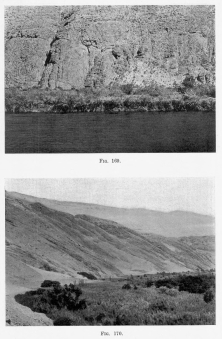 Fig. 169&mdash;The line of unconformity between the igneous
basement rocks (agglomerates at this point) and the quartzites and
sandstones of the Urubamba Valley, between the town of Urubamba and
Ollantaytambo.