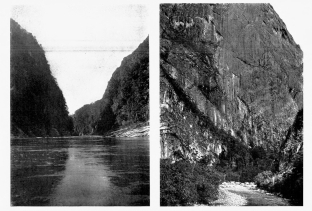 Fig. 9&mdash;The upper entrance to the Pongo de Mainique,
where the Urubamba crosses the Front Range of the Andes in a splendid
gateway 4,000 feet deep. The river is broken by an almost continuous
line of rapids.
