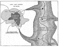 Fig. 26&mdash;Regional diagram to show the physical relations
in the lava plateau of the Maritime Cordillera west of the continental
divide. For location, see Fig. 20. Trails lead up the intrenched
tributaries. If the irrigated bench (lower right corner) is large, a
town will be located on it. Shepherds’ huts are scattered about the edge
of the girdle of spurs. There is also a string of huts in the deep
sheltered head of each tributary. See also Fig. 29 for conditions on the
valley or canyon floor.