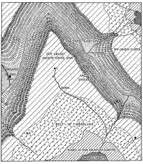 Fig. 32&mdash;Regional diagram representing the deep canyoned
country west of the Eastern Cordillera in the region of the Apurimac.
For photograph see Fig. 94. For further description see note on regional
diagrams, p. 51. Numbers 1, 2, and 3 correspond in position to the same
numbers in Fig. 33.