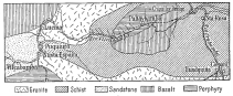 Fig. 158&mdash;Geologic sketch map of the lower Urubamba
Valley. A single traverse was made along the valley, hence the
boundaries are not accurate in detail. They were sketched in along a few
lateral traverses and also inferred from the topography. The country
rock is schist and the granite intruded in it is an arm of the main
granite mass that constitutes the axis of the Cordillera Vilcapampa. The
structure and to some degree the extent of the sandstone on the left are
represented in Figs. 141 and 142.