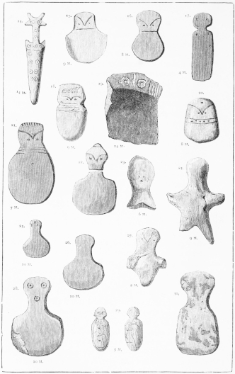 14. 14 M.
Nos. 14-30. Rude Idols found in the various Strata (2 to 14 M.).

No. 14 is of Ivory, with the same Decorations on both sides. Nos. 15,
16, 18, 20, 25, 26, 28, are of very fine Marble. No. 17 is of Green
Slate. Nos. 23, 24, 27 are of Terra-cotta: and No. 19 is a Piece of a
Dish.