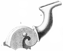 No. 191. (a) The upper and (b) lower pieces of a
Trojan Helmet-crest (φάλος) placed together. (c.) A small piece of the
Helmet remains adhering to the lower part of the Crest (7 M.). A pin,
fastened to the front of the part (b), goes into the hollow base of
(a), and supports it. (See the figures on p. 334.)