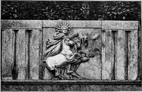 BLOCK OF TRIGLYPHS, WITH METOPÉ OF THE SUN-GOD.

Page 32.

From the Temple of Apollo in the Ruins of Greek Ilium.
